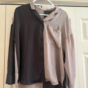 Two-Tone Button-Up Shirt in Black and Taupe